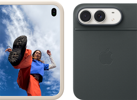 iPhone Duo, Star White colour in Sand Silicone Case, landscape orientation, fully opened horizontally, Dual Fusion cameras on the top left, case covers the back exterior and outer edge of the front display, right side features portrait of person on outer display. iPhone Duo, Star White colour, fully opened horizontally, Navy Blue Folio with Kickstand, fully opened horizontally, back exterior featuring the 48MP Dual Fusion rear cameras, two lenses