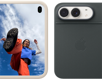 iPhone Duo, Star White colour in Sand Silicone Case, landscape orientation, fully opened horizontally, Dual Fusion cameras on the top left, case covers the back exterior and outer edge of the front display, right side features portrait of person on outer display. iPhone Duo, Star White colour, fully opened horizontally, Navy Blue Folio with Kickstand, fully opened horizontally, back exterior featuring the 48MP Dual Fusion rear cameras, two lenses