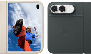iPhone Duo, Star White colour in Sand Silicone Case, landscape orientation, fully opened horizontally, Dual Fusion cameras on the top left, case covers the back exterior and outer edge of the front display, right side features portrait of person on outer display. iPhone Duo, Star White colour, fully opened horizontally, Navy Blue Folio with Kickstand, fully opened horizontally, back exterior featuring the 48MP Dual Fusion rear cameras, two lenses