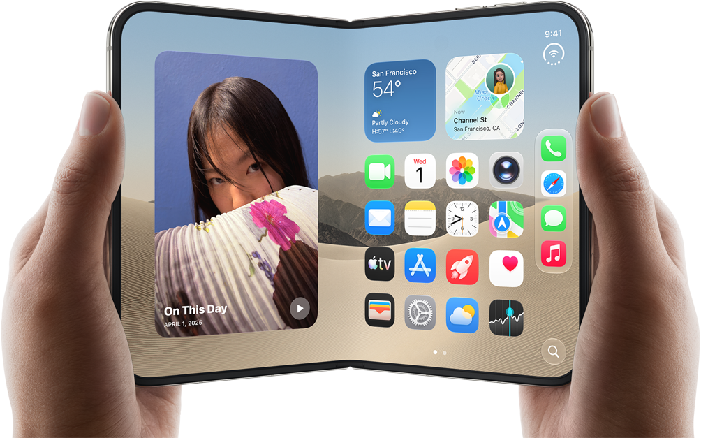 iPhone Duo, Star White colour, held by two hands in landscape orientation, unfolded, interior screen displays photos on the left, apps on the right