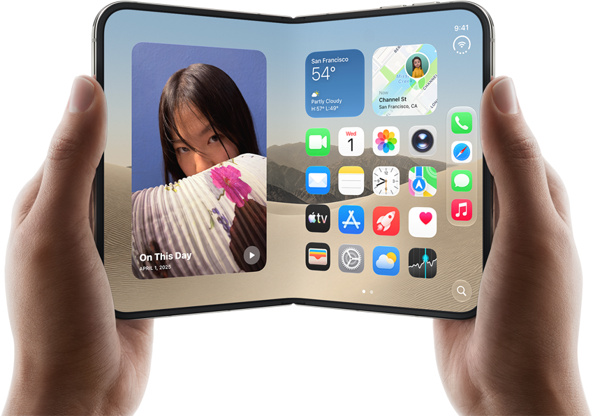 iPhone Duo, Star White colour, held by two hands in landscape orientation, unfolded, interior screen displays photos on the left, apps on the right