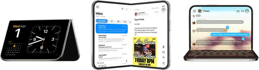 iPhone Duo, various positions: inverted open landscape orientation, unfolded at slight angle, exterior display, all-screen design. Slightly open like a book and standing upright. Open landscape orientation, unfolded at right angle, interior display, all-screen design