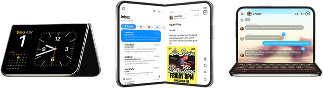 iPhone Duo, various positions: inverted open landscape orientation, unfolded at slight angle, exterior display, all-screen design. Slightly open like a book and standing upright. Open landscape orientation, unfolded at right angle, interior display, all-screen design
