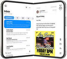 iPhone Duo, various positions: inverted open landscape orientation, unfolded at slight angle, exterior display, all-screen design. Slightly open like a book and standing upright. Open landscape orientation, unfolded at right angle, interior display, all-screen design